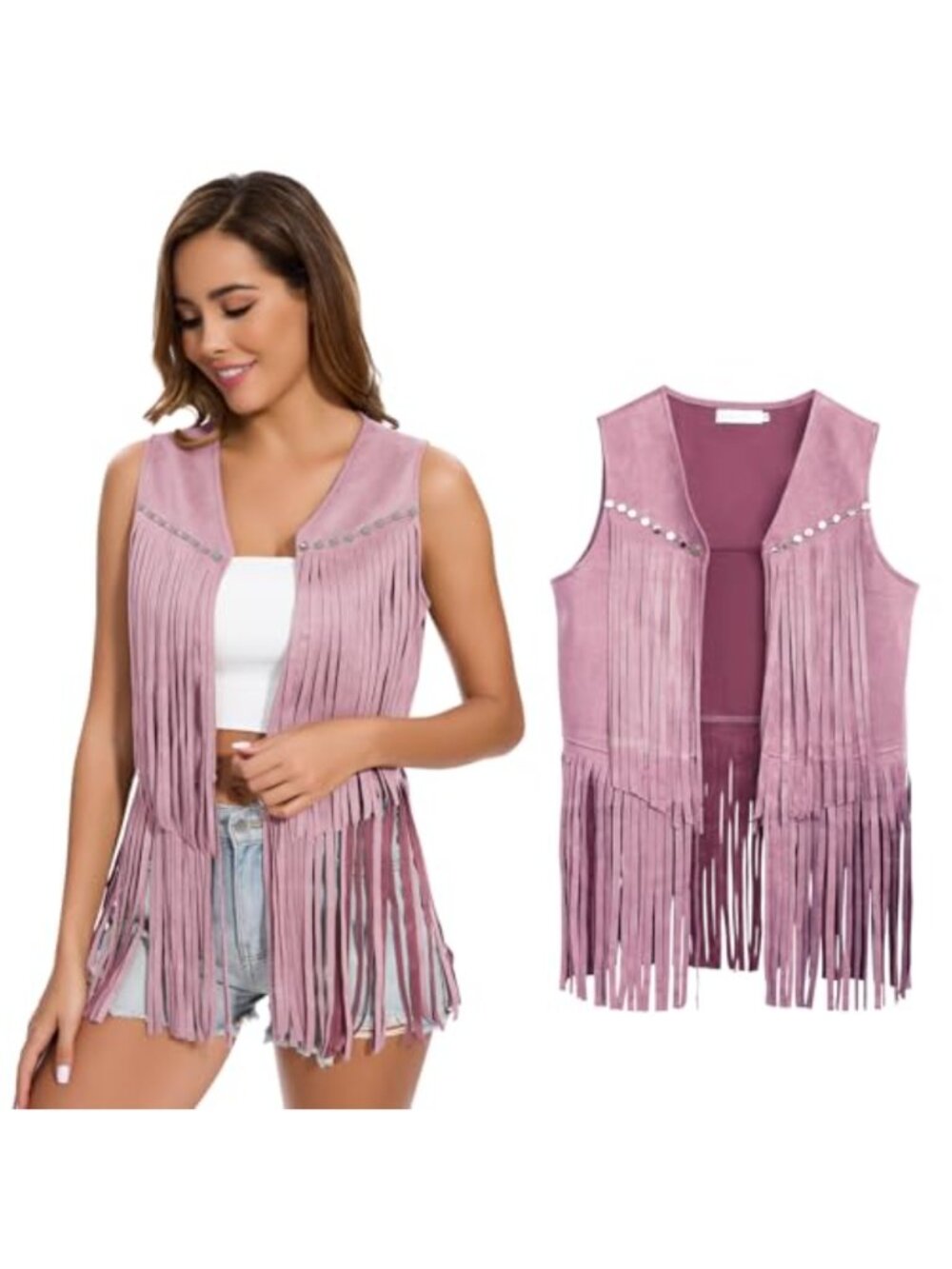 Women's Sleeveless Fringe Vest Faux Suede Cowgirl Western Tassel Jacket Hippie